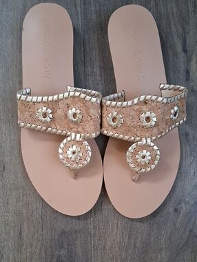 Jack Rogers Cork Thong Sandals with Metallic Gold Floral Medallions - Nude
